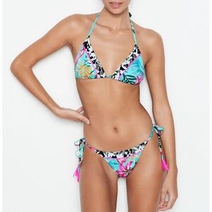 PINK | Victoria's Secret Teal Pink Floral Tropical Tassel Strappy Bikini SZ S/XS